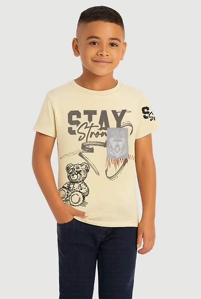 Little Boys Stay Strong Bear Graphic Tee, Beige,