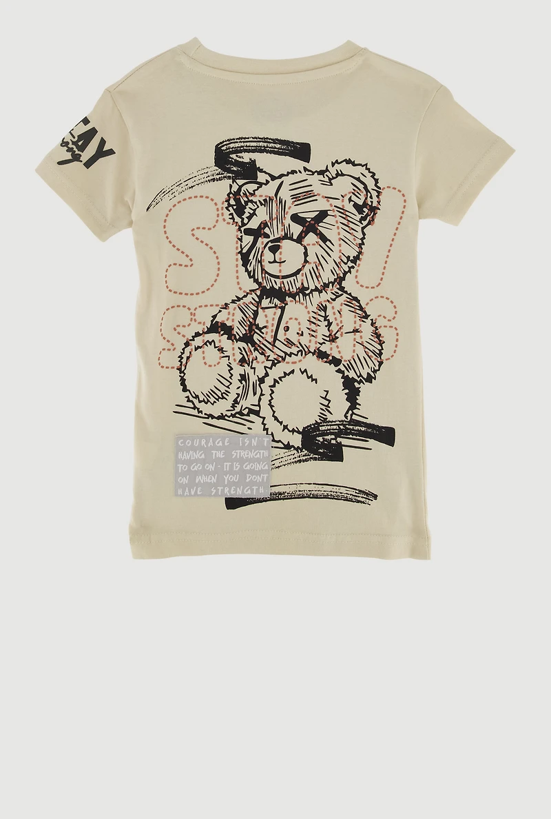Little Boys Stay Strong Bear Graphic Tee, Beige,