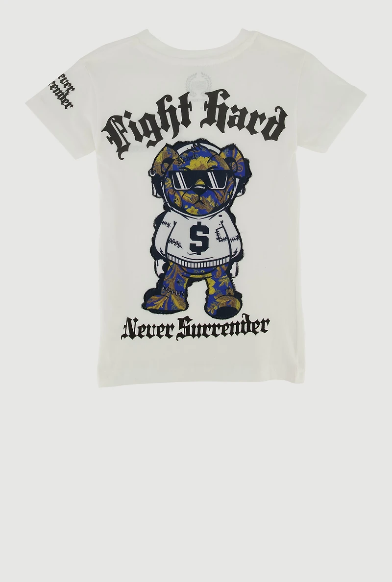 Little Boys Fight Hard Never Surrender Bear Graphic Tee