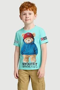Little Boys NYC Outfit Bear Graphic Tee, Blue,