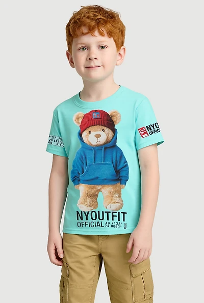 Little Boys NYC Outfit Bear Graphic Tee, Blue, Size 7