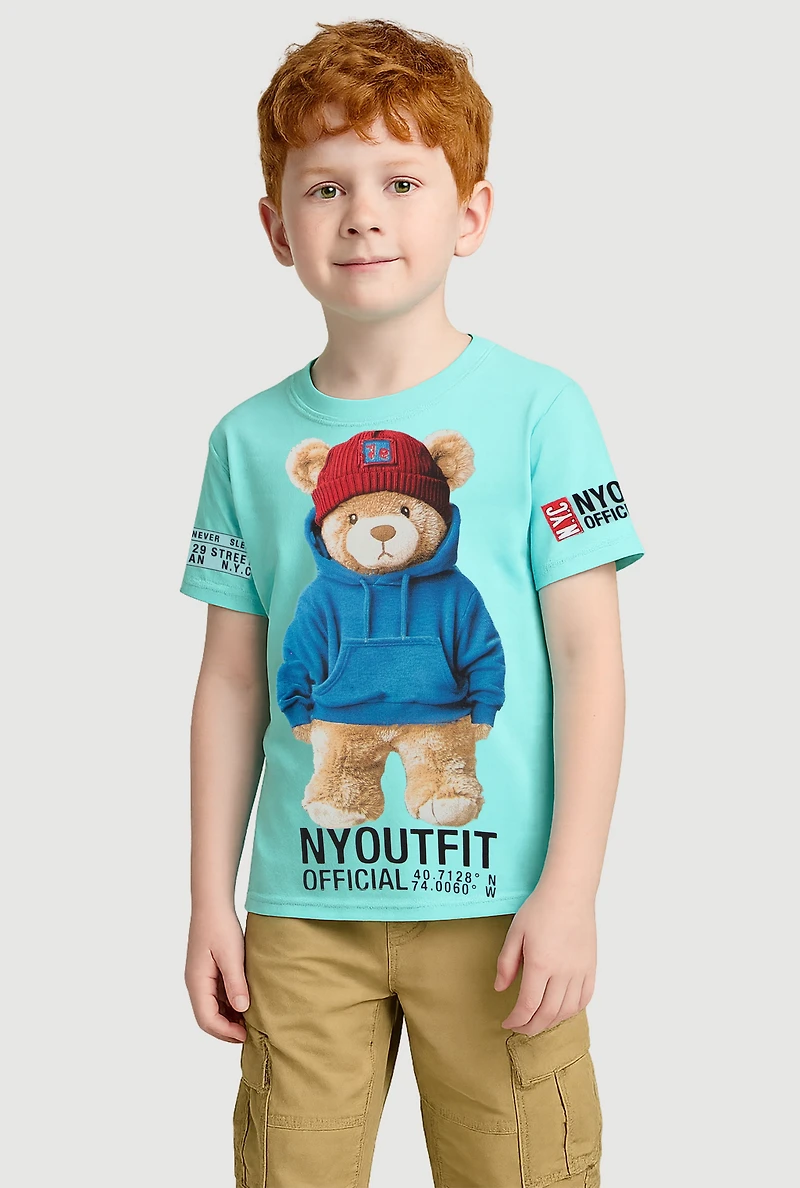 Little Boys NYC Outfit Bear Graphic Tee, Blue, Size 5-6