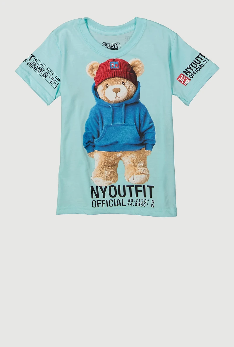 Little Boys NYC Outfit Bear Graphic Tee, Blue,