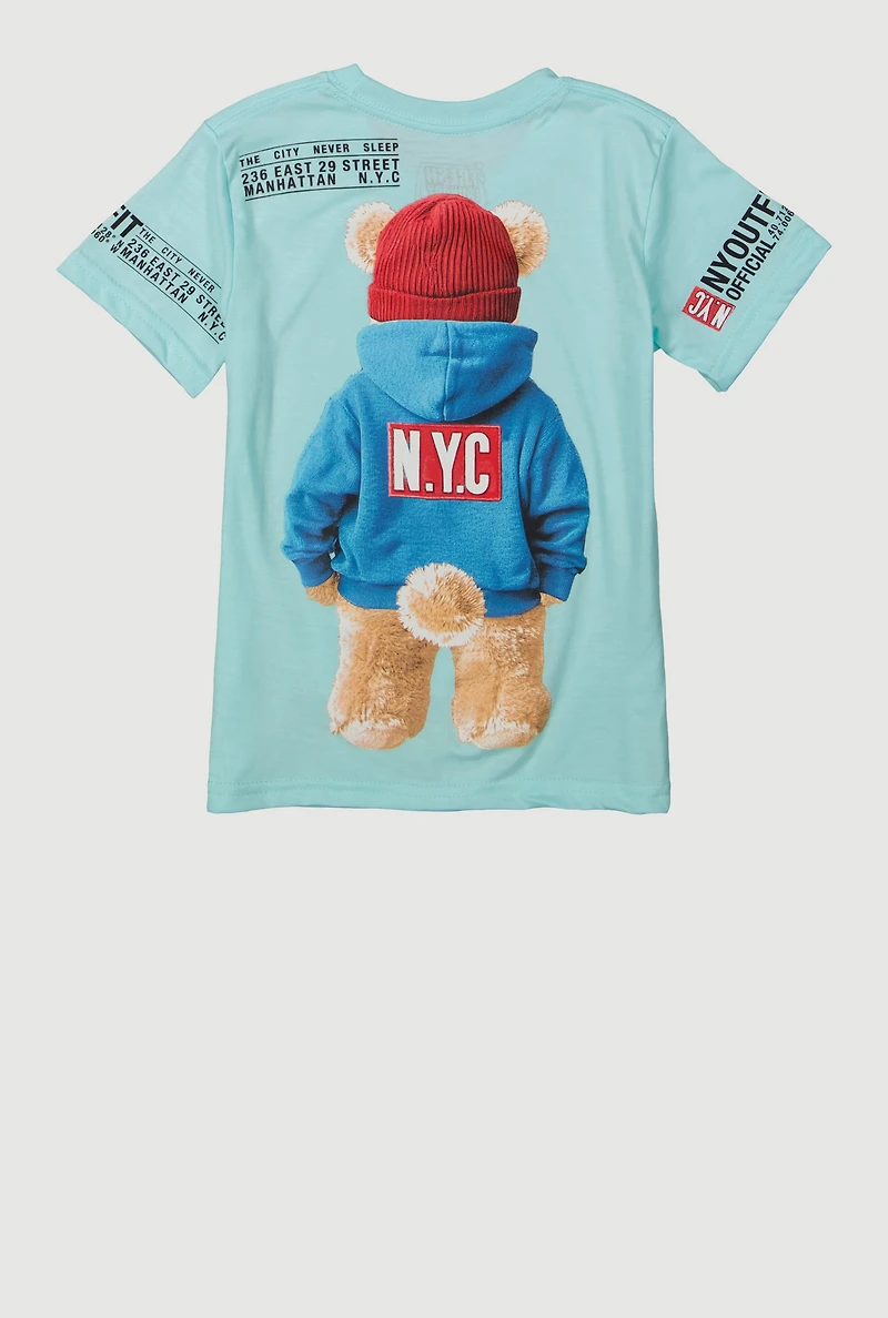 Little Boys NYC Outfit Bear Graphic Tee, Blue,