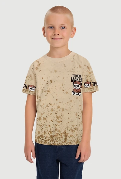 Little Boys Trouble Maker Panda Graphic Tee, Beige, Size 4