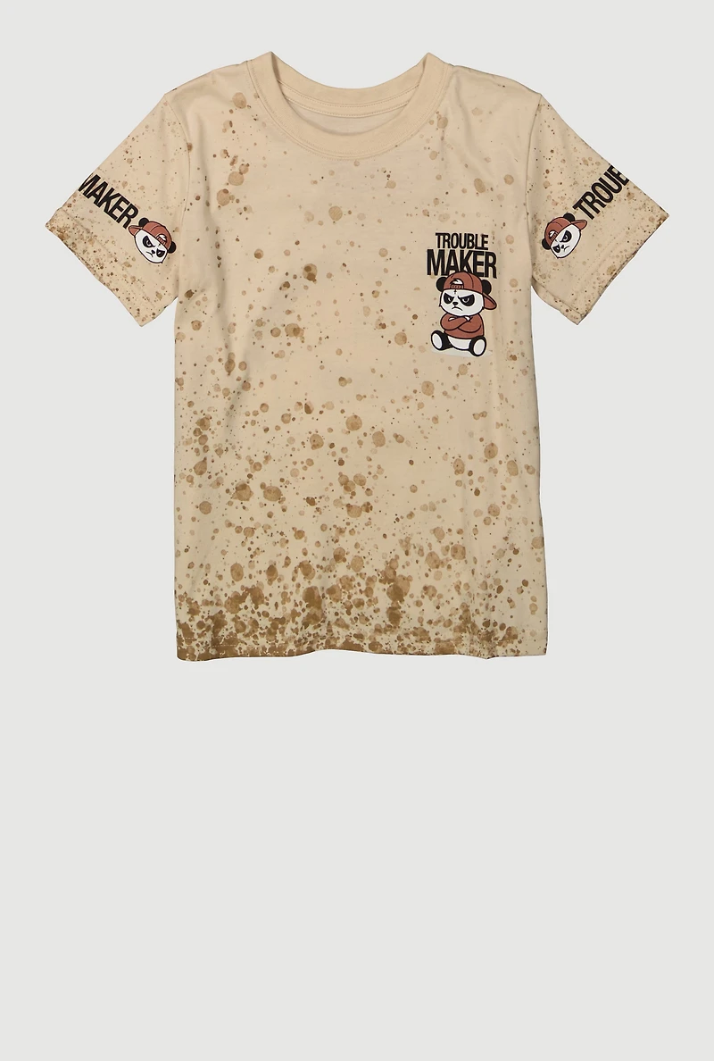 Little Boys Trouble Maker Panda Graphic Tee, Beige, Size 7