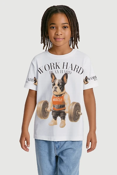 Little Boys Work Hard Play Hard Graphic Tee, White, Size 5-6