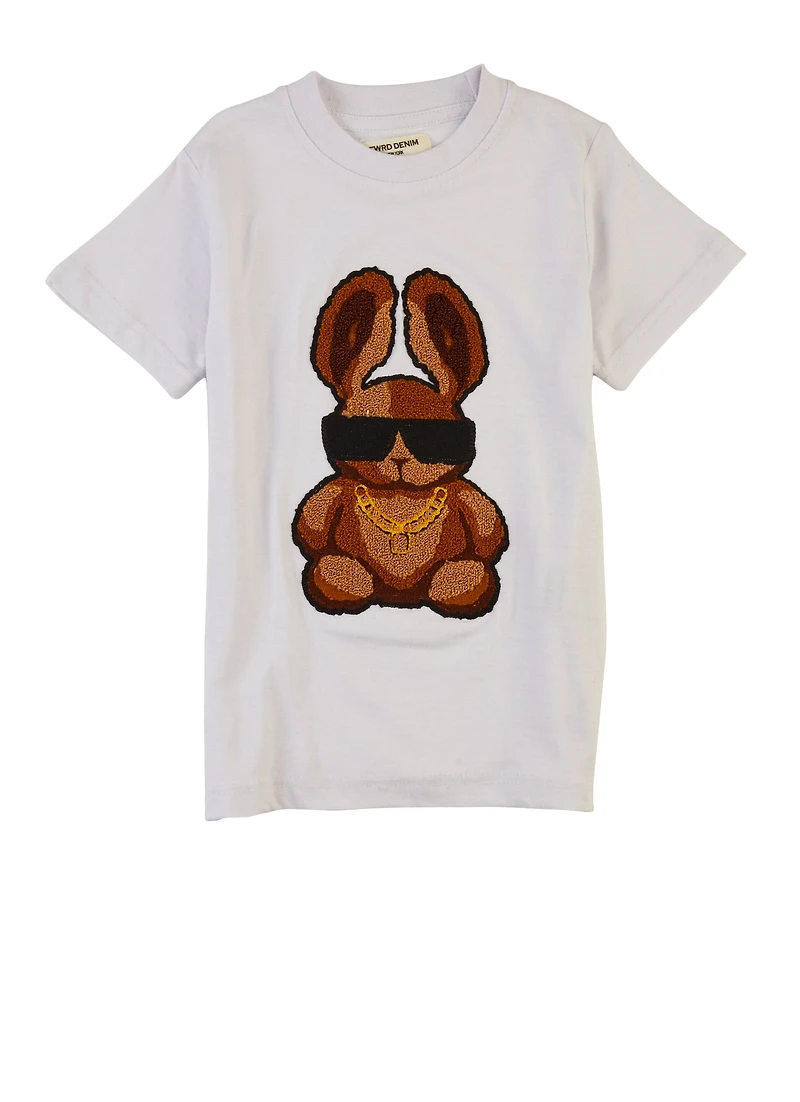 Little Boys Bunny Chenille Patch Short Sleeve Graphic Tee, White, Size 6