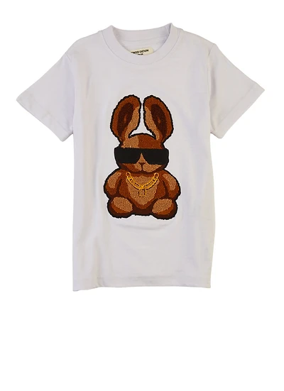 Little Boys Bunny Chenille Patch Short Sleeve Graphic Tee, White, Size 6