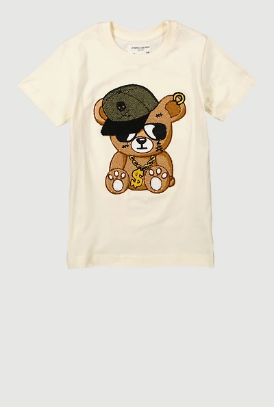 Little Boys Chenille Bear Embroidered Patch Graphic T-Shirt, Beige, Size 4
