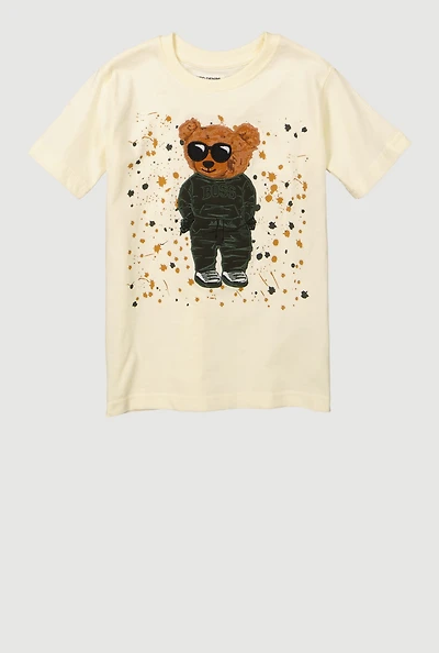 Little Boys Paint Splatter Embroidered Teddy Graphic Tee, Beige, Size 5