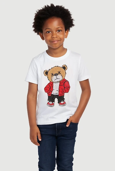 Little Boys Bear Graphic Rhinestone Crew Neck T-Shirt, White, Size 4