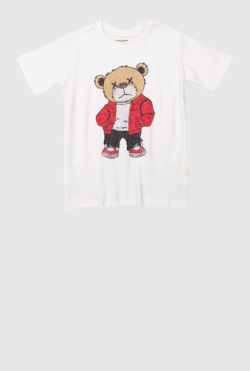 Little Boys Bear Graphic Rhinestone Crew Neck T-Shirt, White, Size 4