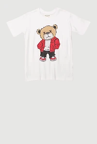 Little Boys Bear Graphic Rhinestone Crew Neck T-Shirt, White,