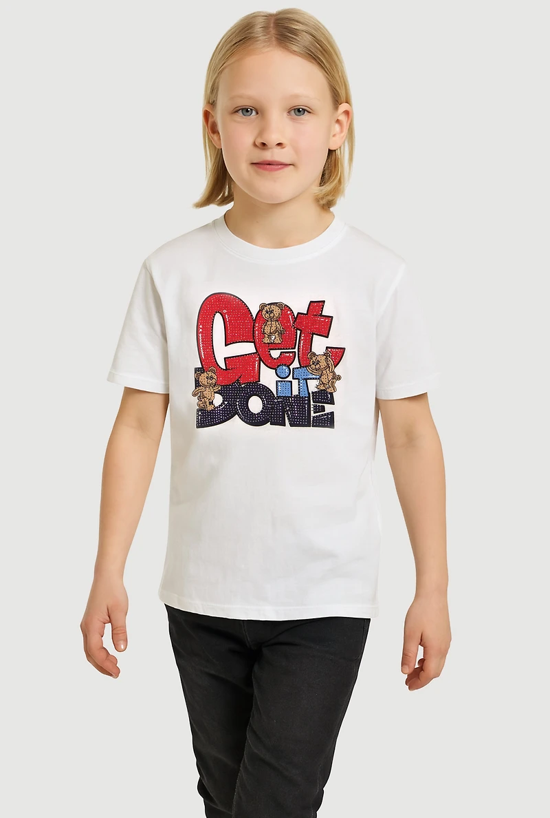 Little Boys Get It Done Rhinestone Graphic Short Sleeve Tee, White, Size 7