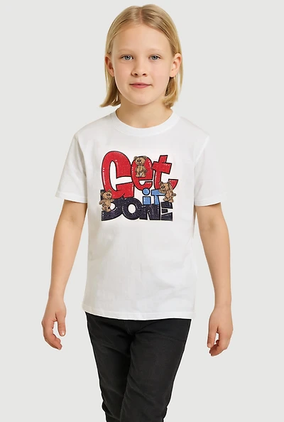 Little Boys Get It Done Rhinestone Graphic Short Sleeve Tee, White, Size 7