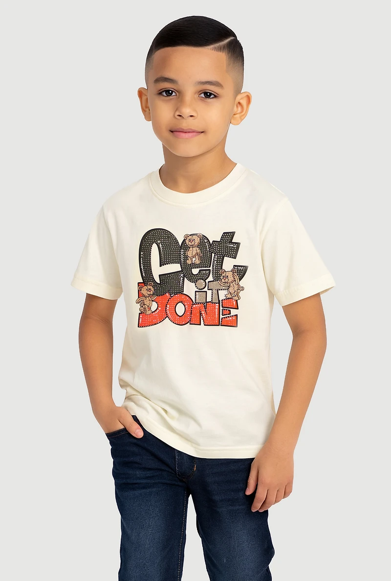 Little Boys Get It Done Rhinestone Graphic Tee, Beige, Size 5