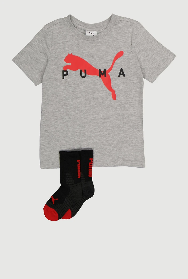 Little Boys Puma Logo Graphic Print Tee with Socks, Grey, Size 7