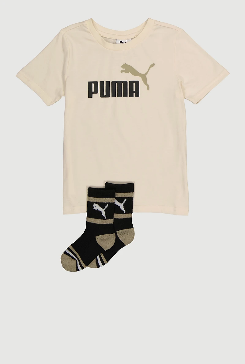 Little Boys Puma Logo Graphic Tee with Socks, Beige, Size 6