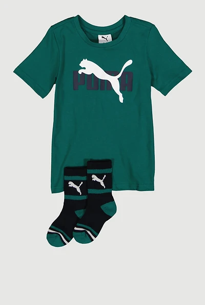 Little Boys Puma Graphic Tee and Contrast Trim Socks Set, Green, Size 7