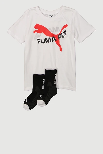 Little Boys Puma Graphic Tee with Socks, White, Size 5