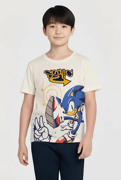 Boys Sonic Tails and Knuckles Graphic Tee, Beige, Size 10-12