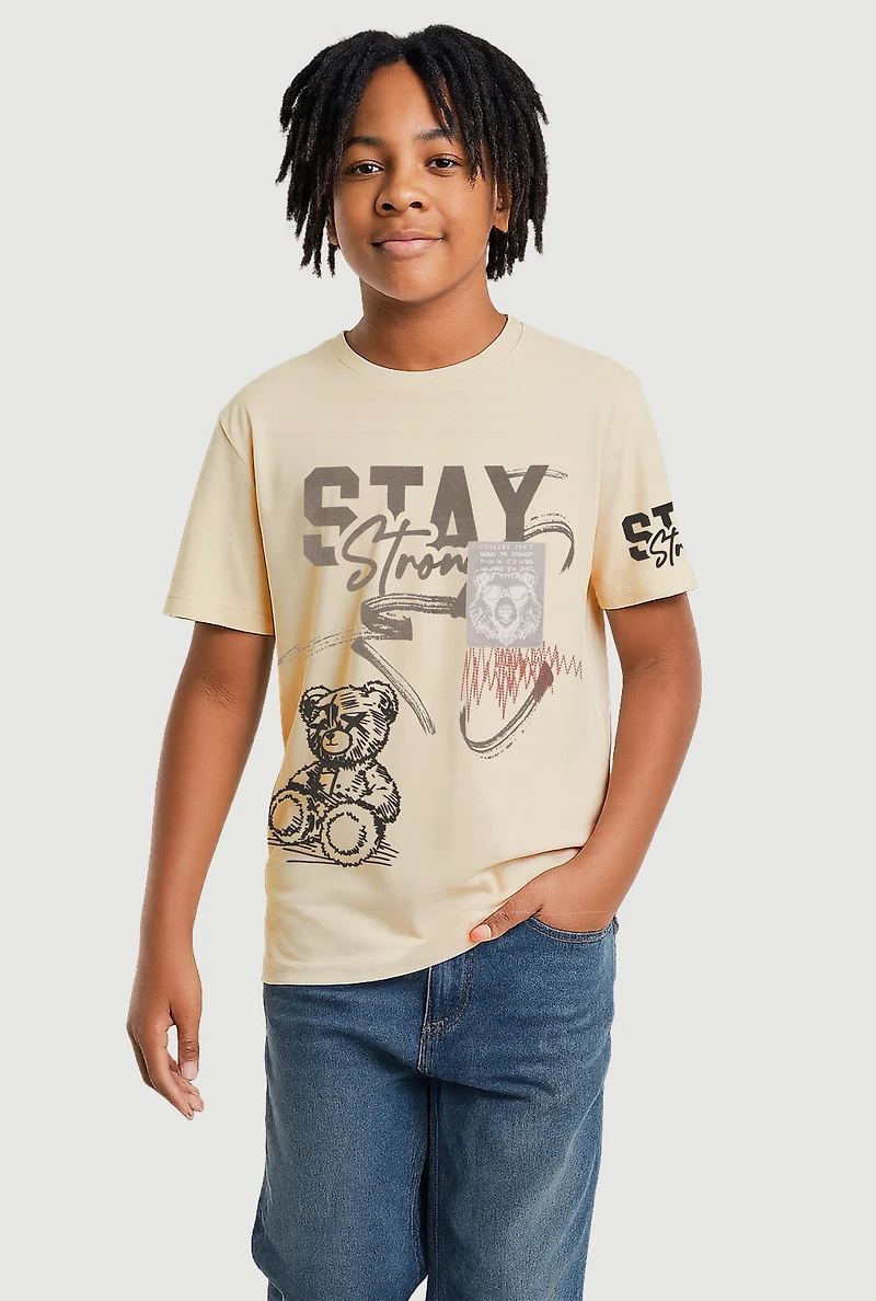 Boys Stay Strong Teddy Graphic Tee, Beige, Size 8
