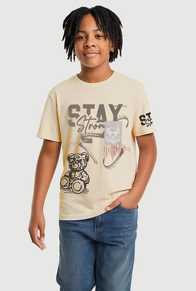 Boys Stay Strong Teddy Graphic Tee, Beige, Size 8
