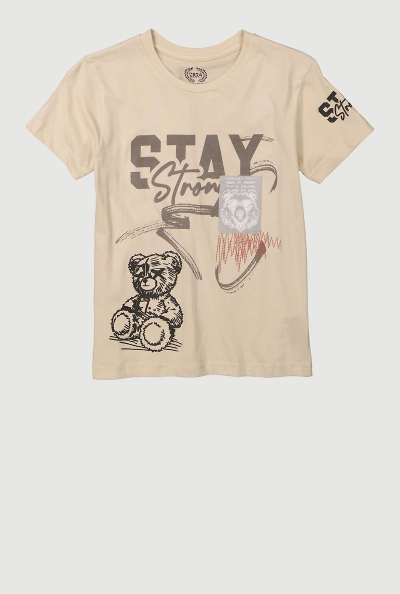 Boys Stay Strong Teddy Graphic Tee, Beige, Size 8