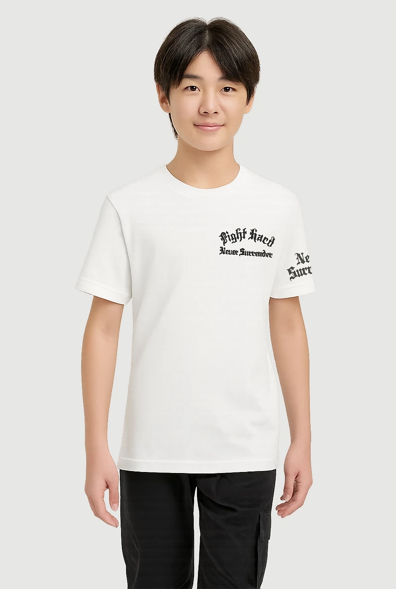 Boys Fight Hard Never Surrender Bear Patch Graphic Tee, White,