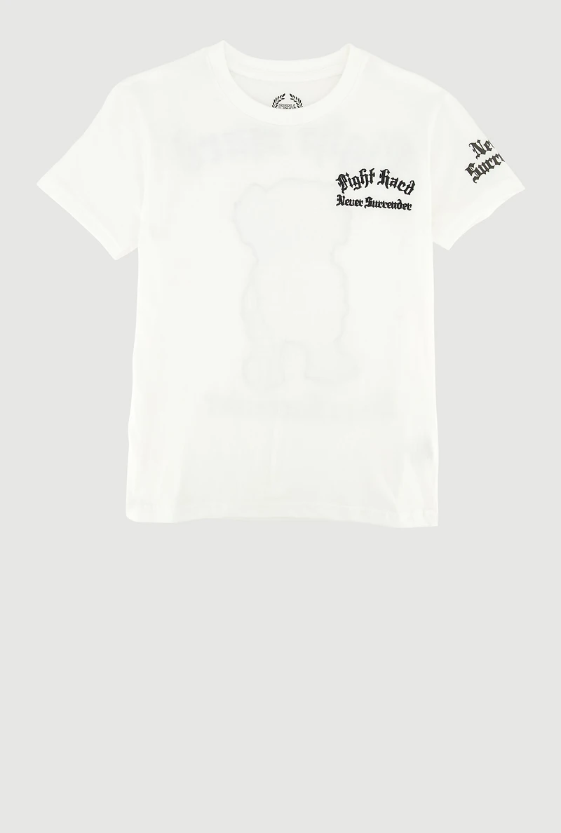 Boys Fight Hard Never Surrender Bear Patch Graphic Tee, White,