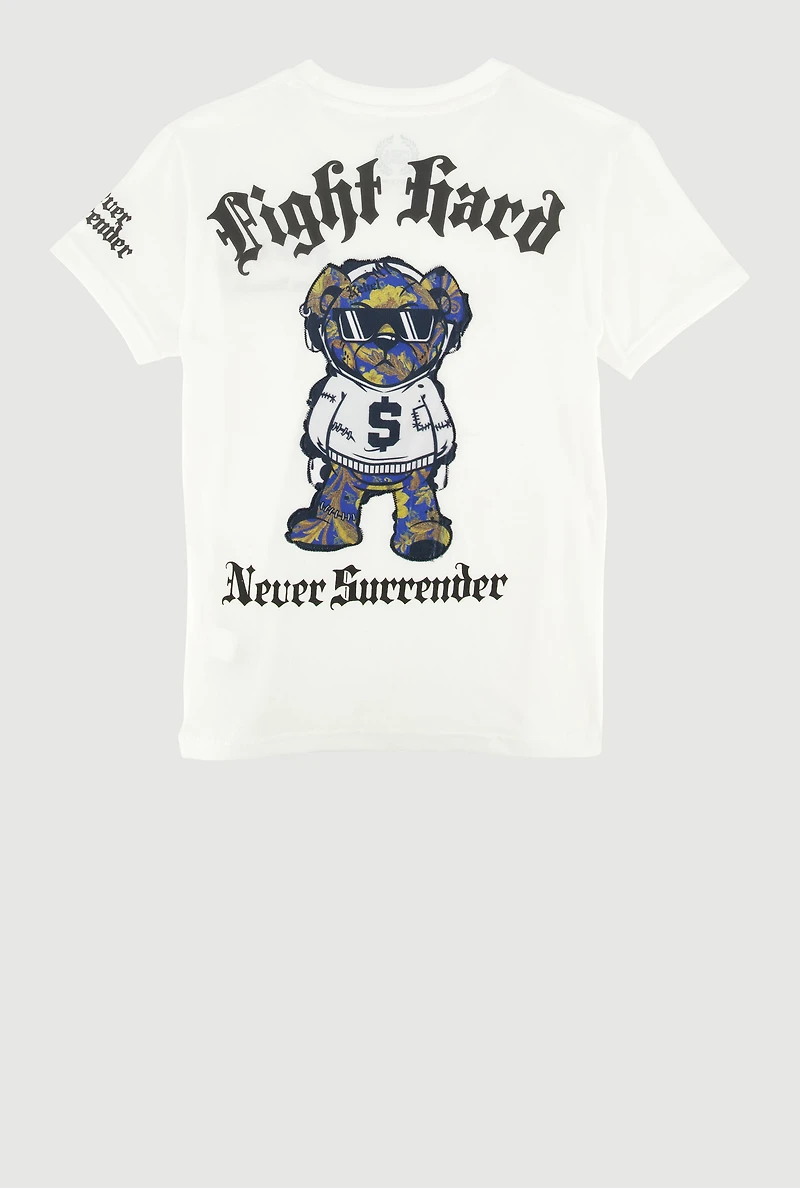 Boys Fight Hard Never Surrender Bear Patch Graphic Tee, White,