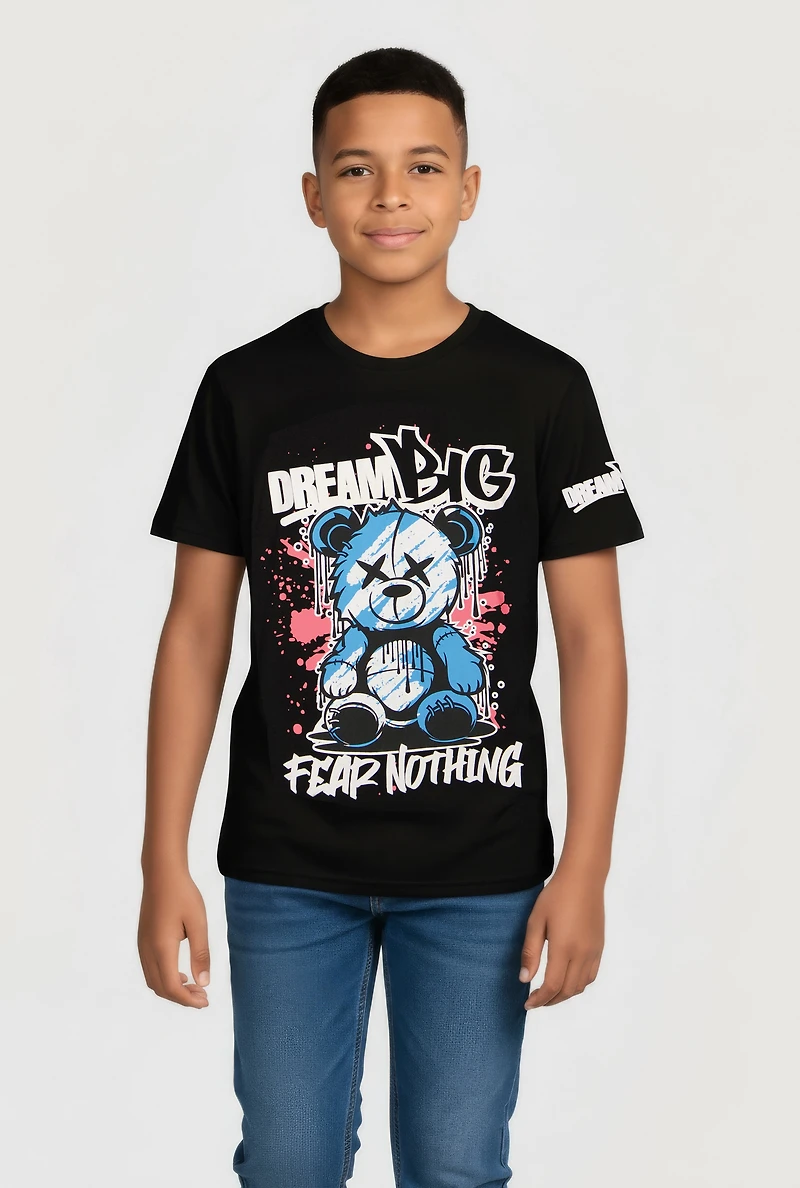 Boys Dream Big Fear Nothing Teddy Graphic Tee, Black, Size 8