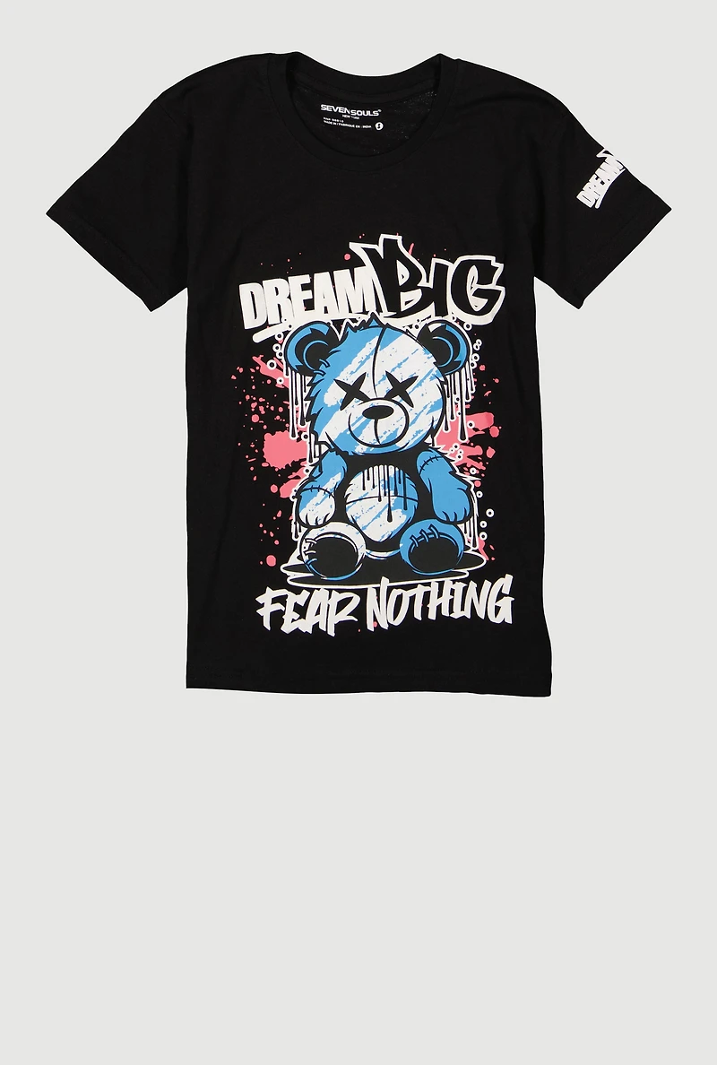 Boys Dream Big Fear Nothing Teddy Graphic Tee, Black, Size 8