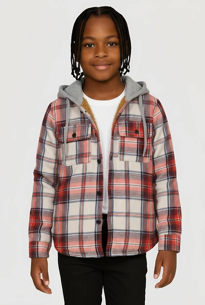 Boys Plaid Button Front Hooded Sherpa Lined Shacket