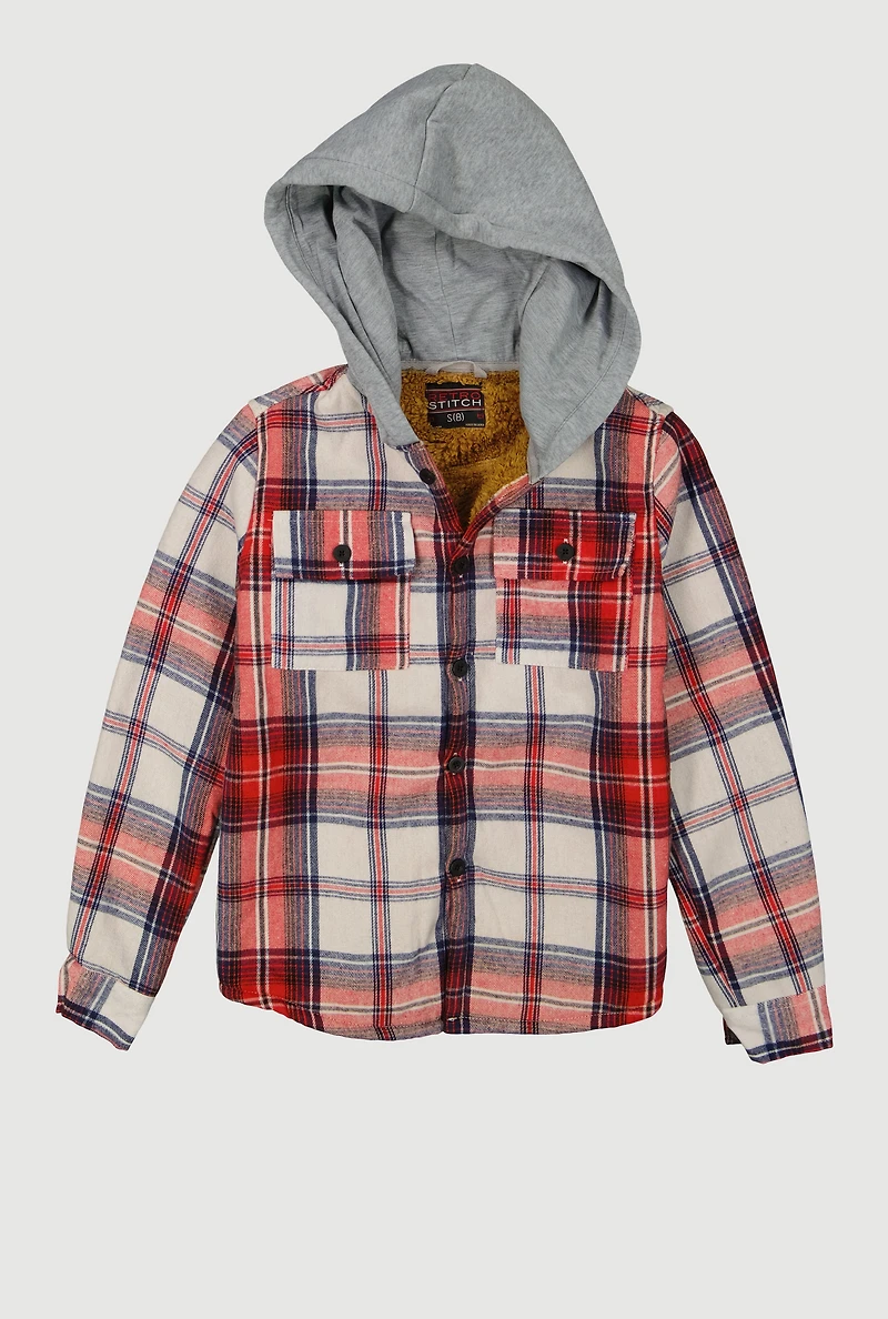 Boys Plaid Button Front Hooded Sherpa Lined Shacket