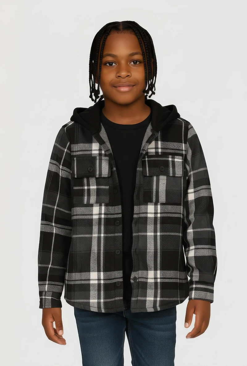 Boys Sherpa Lined Hooded Button Front Shacket, Grey, Size 8