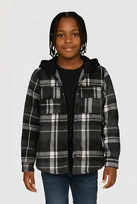 Boys Sherpa Lined Hooded Button Front Shacket, Grey, Size 8