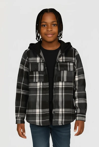 Boys Sherpa Lined Hooded Button Front Shacket, Grey, Size 10-12