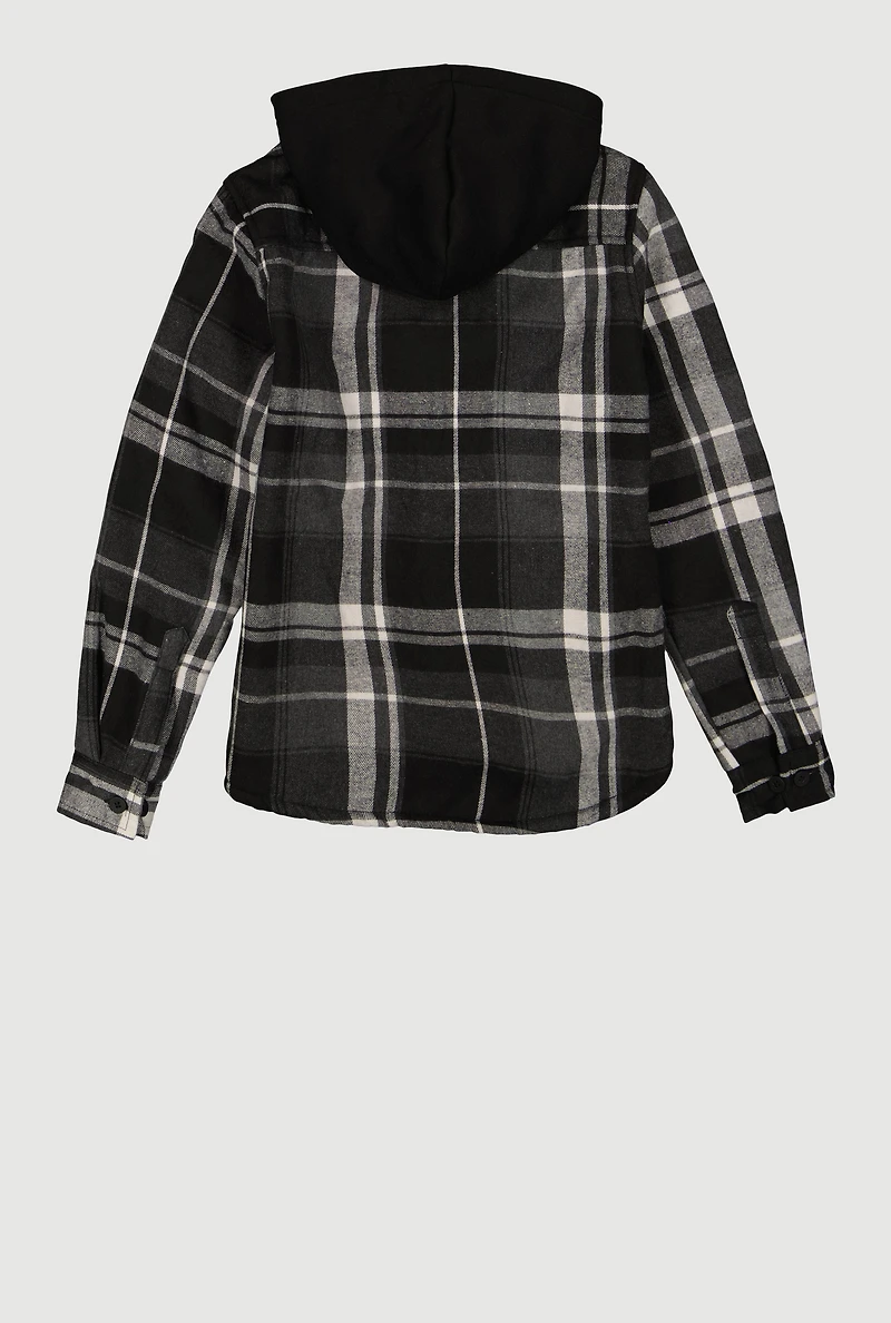 Boys Sherpa Lined Hooded Button Front Shacket, Grey, Size 8