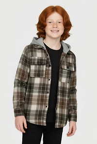 Boys Plaid Button Front Hooded Shacket, Brown, Size 10-12