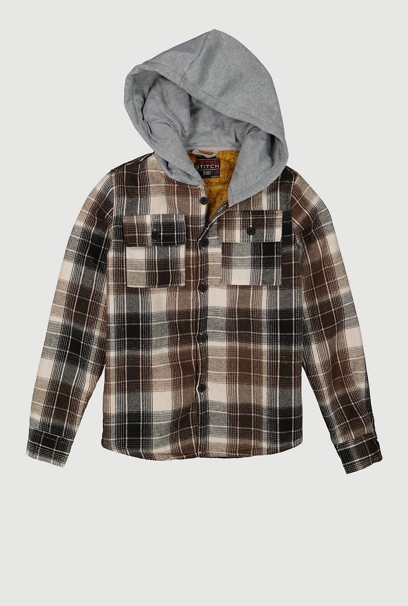 Boys Plaid Button Front Hooded Shacket, Brown, Size 10-12