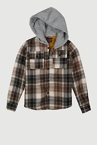 Boys Plaid Button Front Hooded Shacket, Brown, Size 10-12