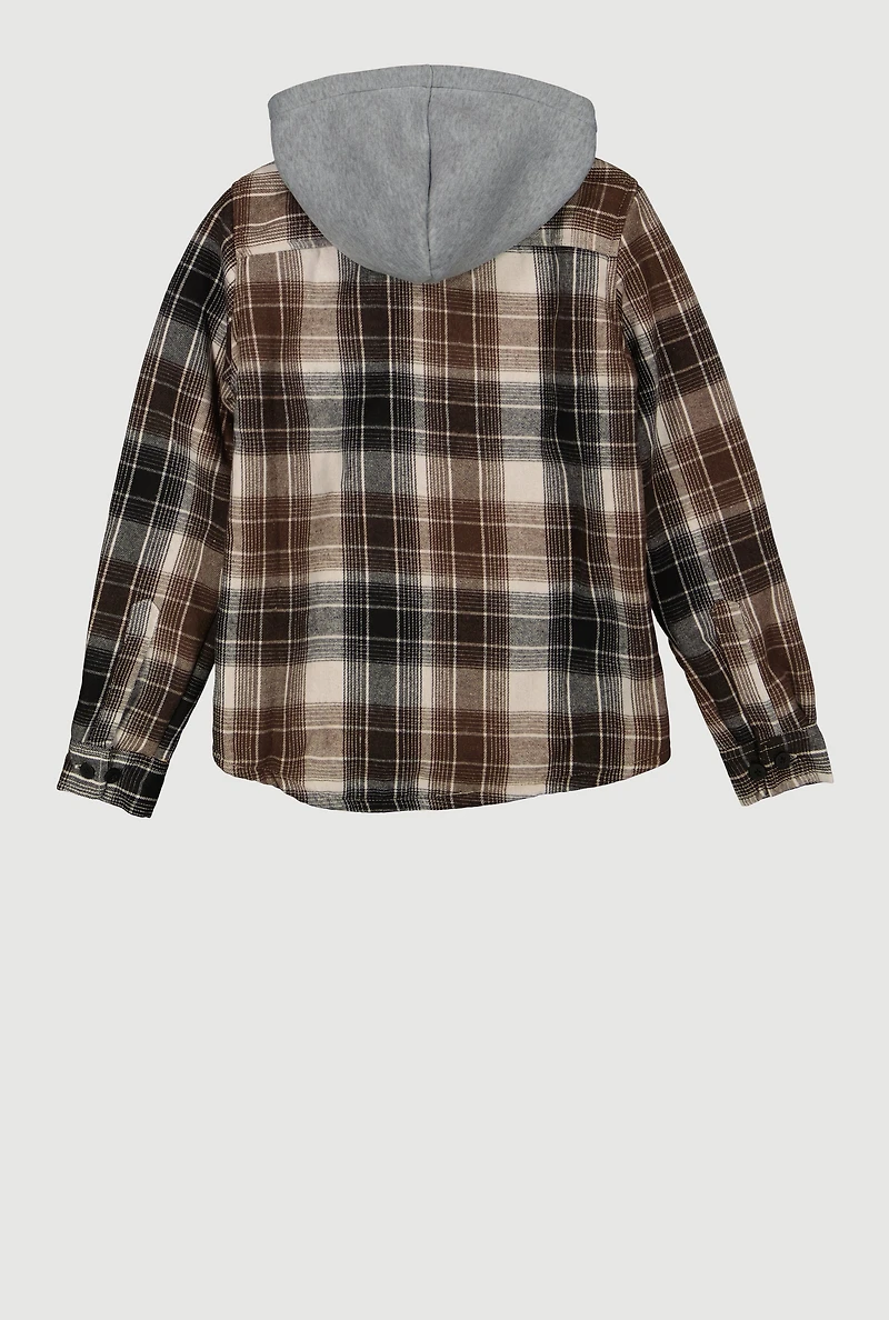 Boys Plaid Button Front Hooded Shacket, Brown, Size 10-12