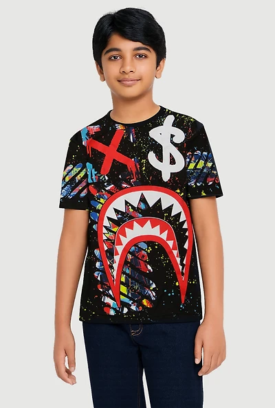 Boys Paint Splatter Shark Teeth Graphic Tee, Black, Size S