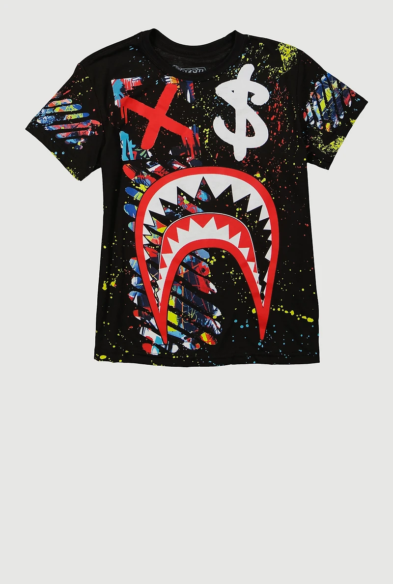 Boys Paint Splatter Shark Teeth Graphic Tee, Black, Size S