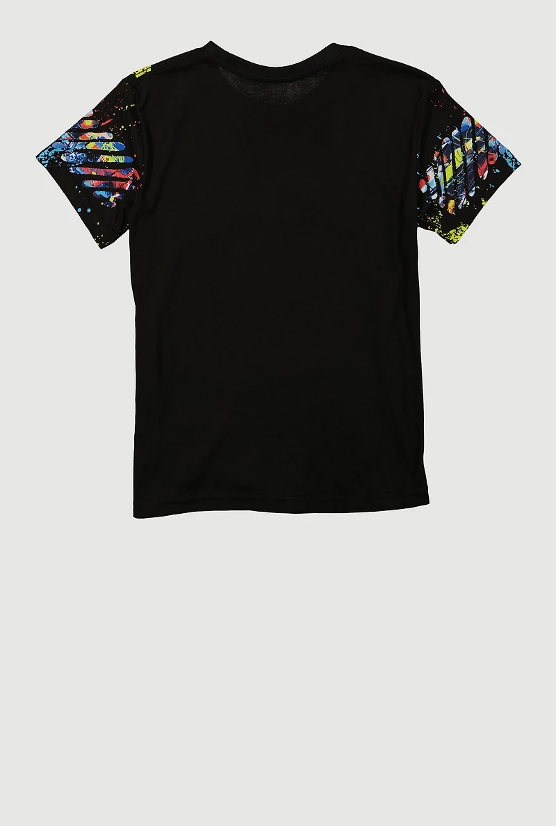 Boys Paint Splatter Shark Teeth Graphic Tee, Black, Size S