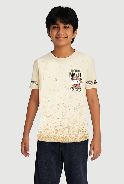 Boys Trouble Maker Panda Graphic Tee, Beige, Size S