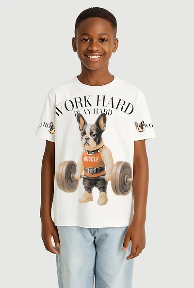 Boys Work Hard Play Hard Graphic Tee, White, Size M