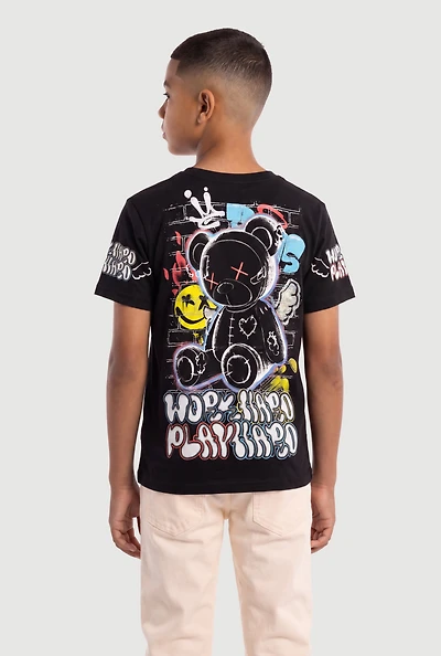 Boys Work Hard Play Graffiti Bear Graphic T-Shirt